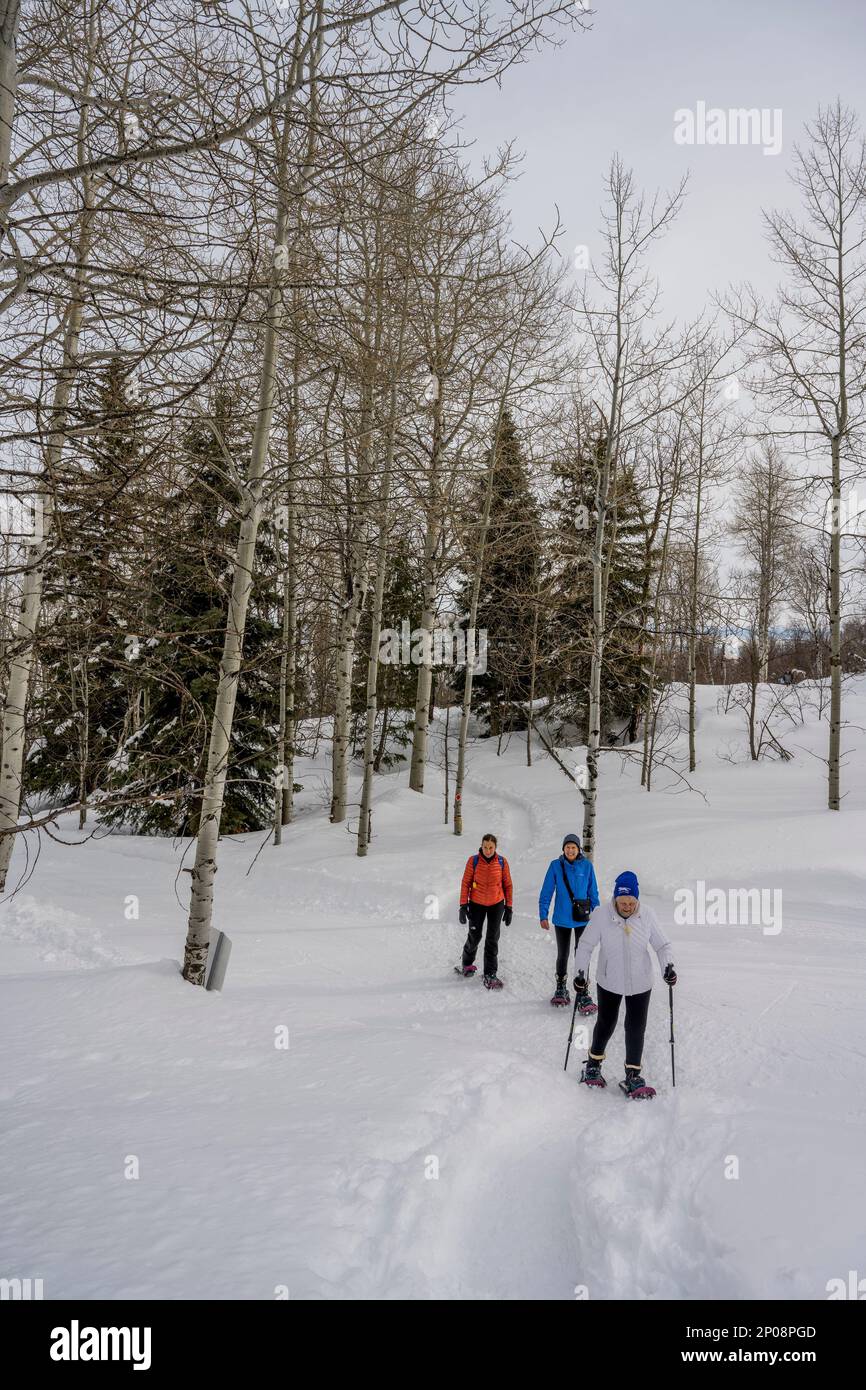 Trois femmes (libérées), dont un senior de 90 ans, raquette au Nordic Center of the Sundance Resort, également connu sous le nom de Sundance Mountain Resor Banque D'Images