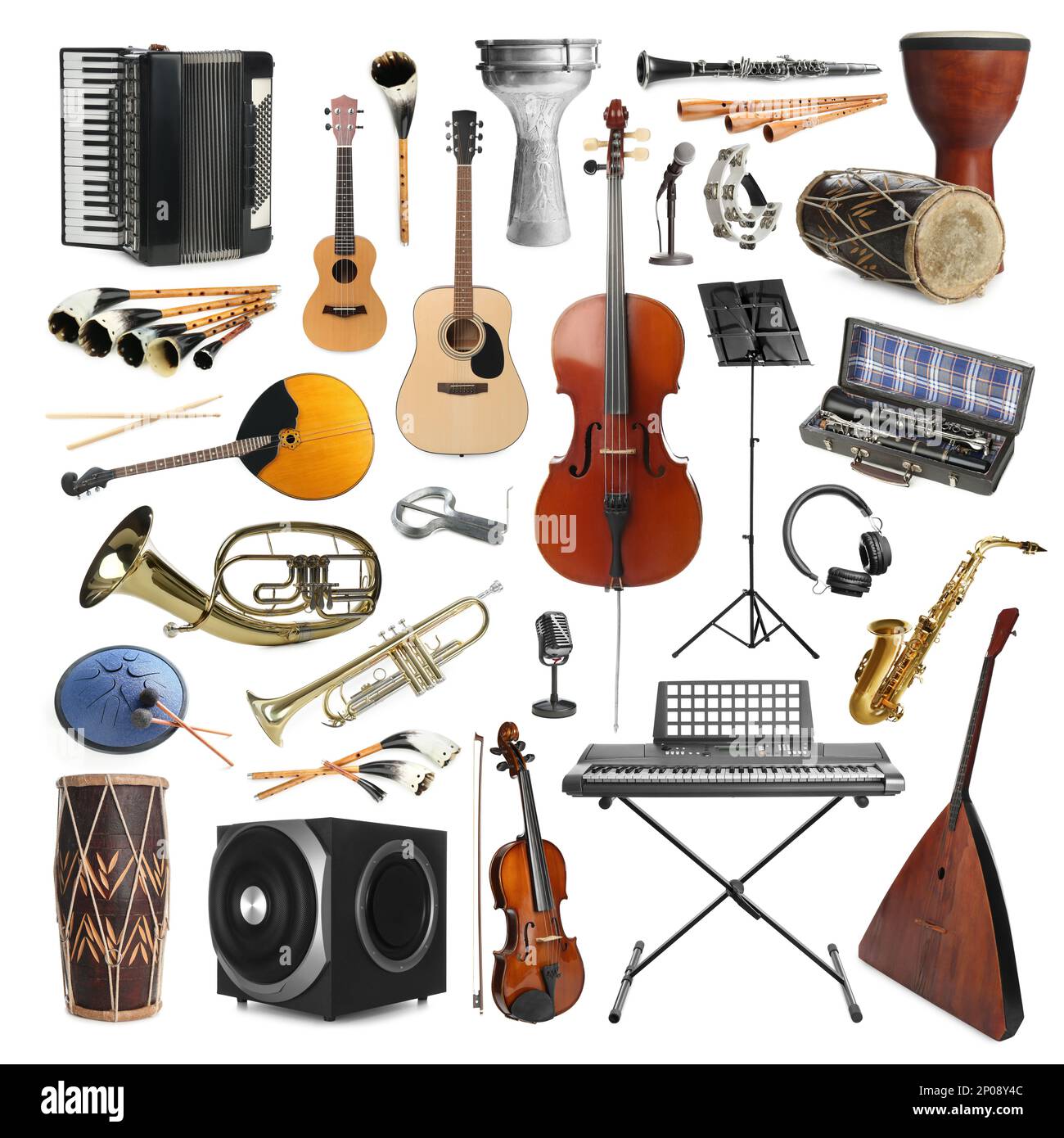 Collection de différents instruments de musique sur fond blanc Banque D'Images