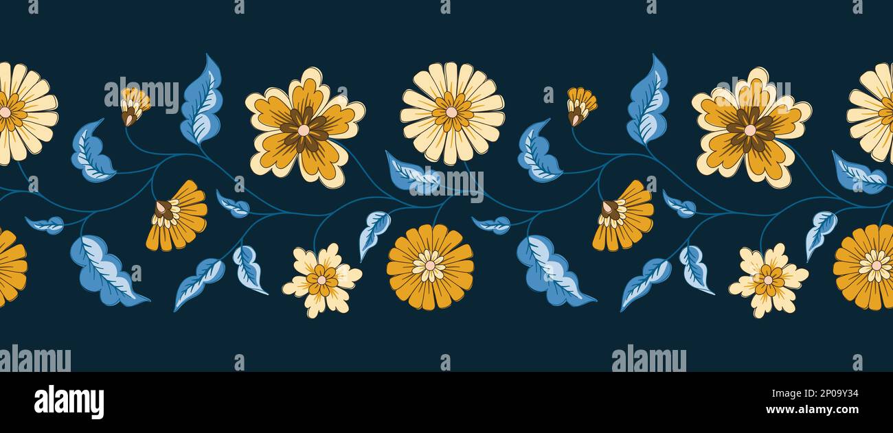 Indian chintz Flowers Vector Seamless Hotrizontal Pattern Border Illustration de Vecteur