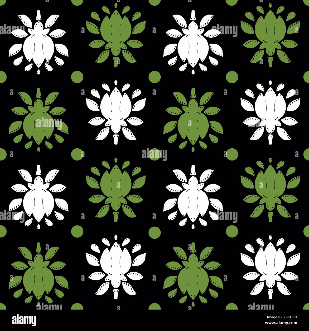 Motif abstrait de fleurs symétriques sans couture. Fleurs blanches et vertes sur fond noir Banque D'Images