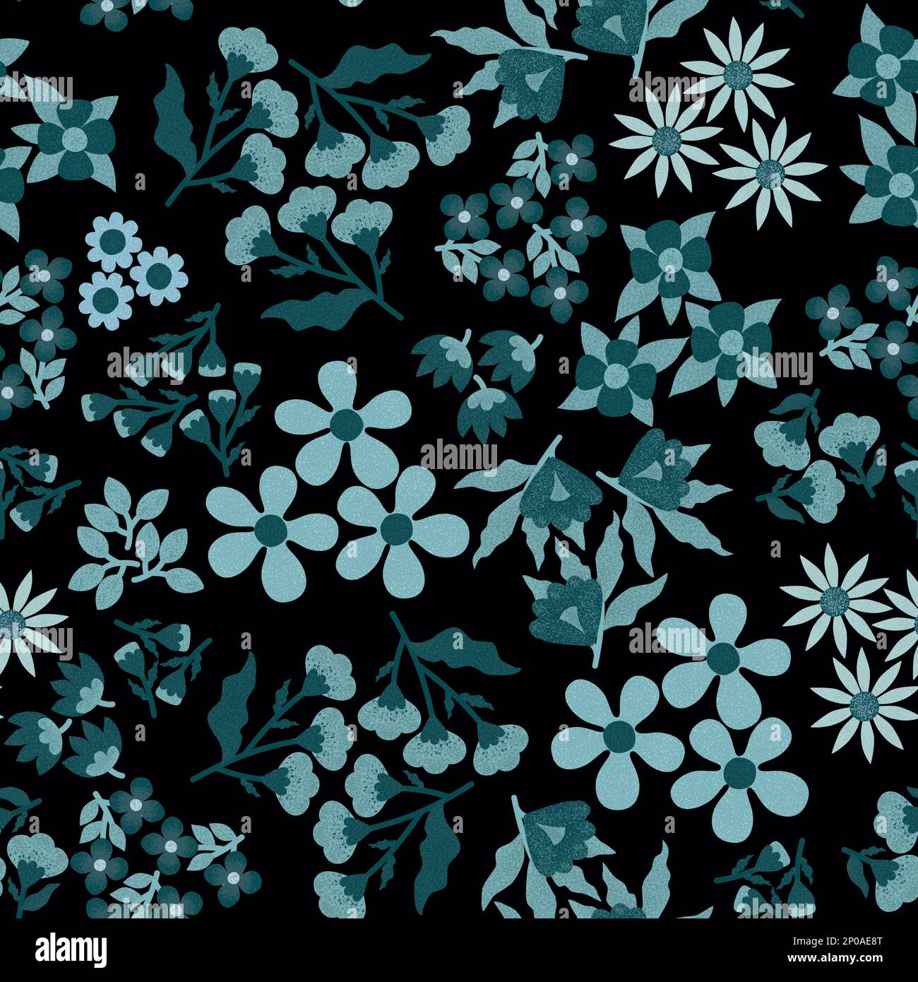 Motif fleuri sans couture avec ensemble de fleurs bleues texturées dessinées à la main isolées sur fond noir Banque D'Images
