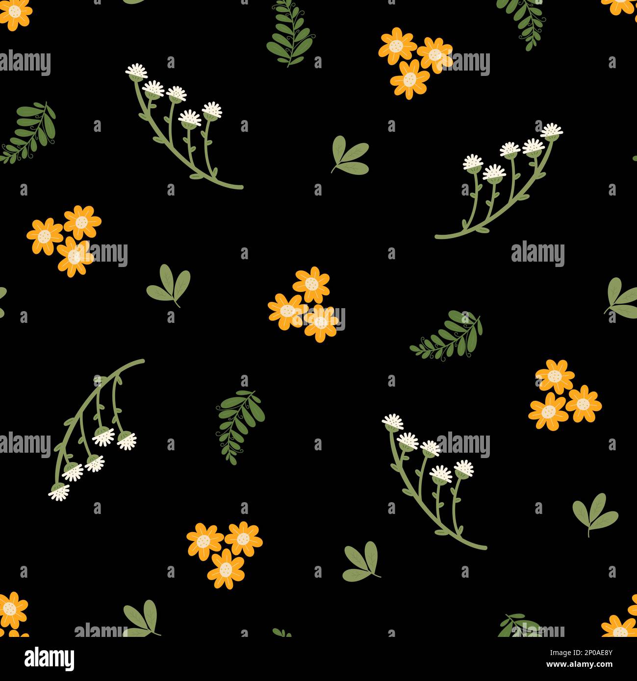 Motif fleuri sans couture avec petites fleurs et feuilles blanches et jaunes sur fond noir Banque D'Images