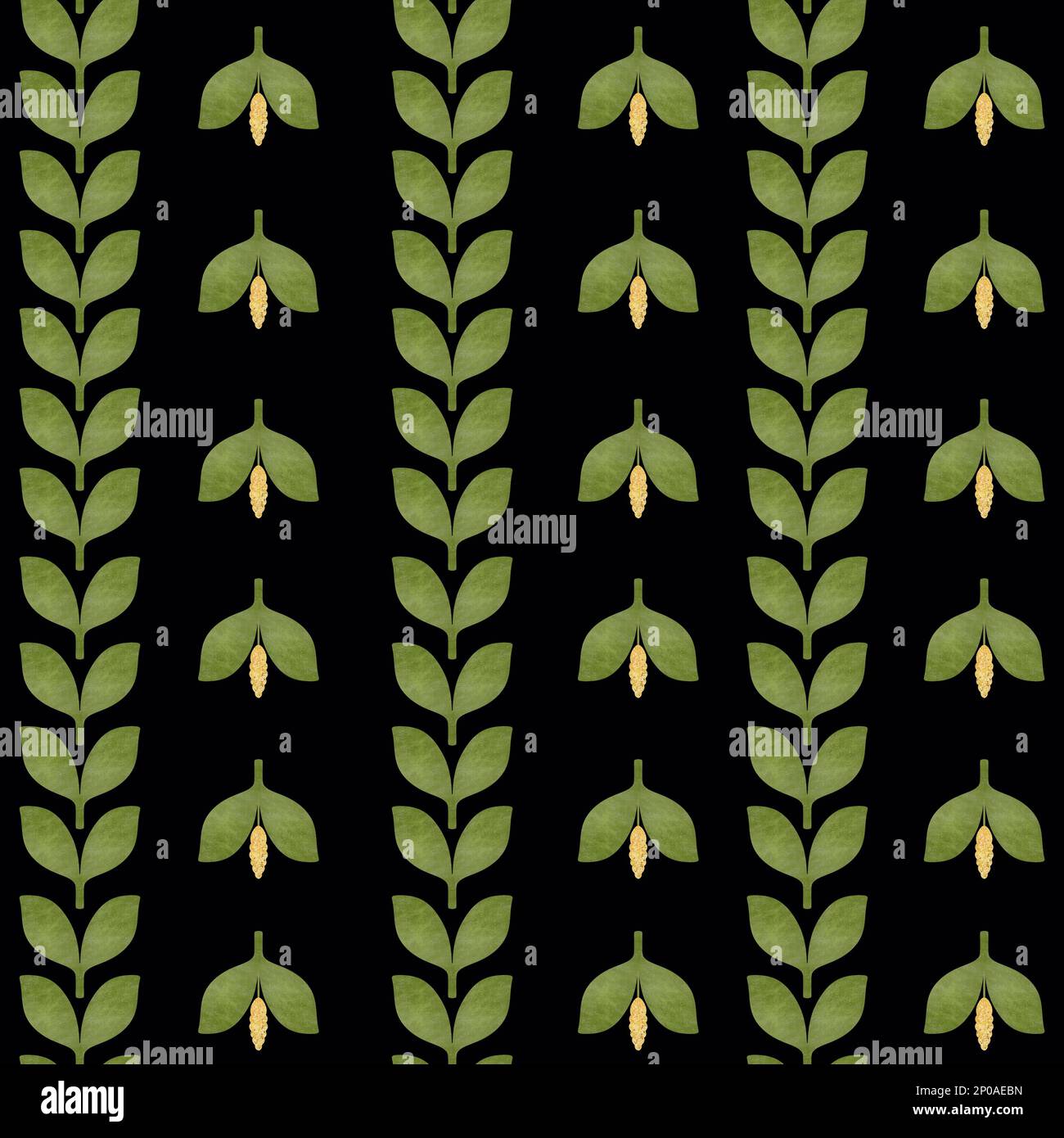 Motif sans couture pixellisé végétal en pleine croissance. Jeunes pousses, semis, plantules sur fond allover. Texture du papier peint, feuilles vertes sur fond noir Banque D'Images