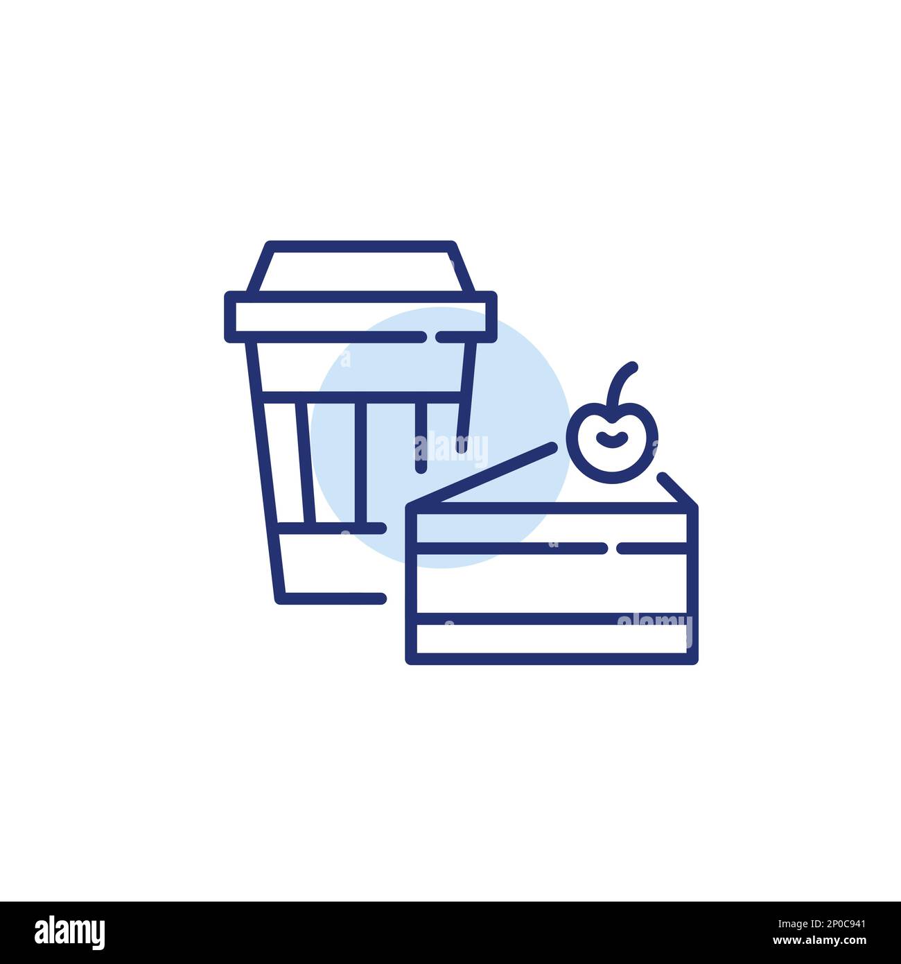 Café dans une tasse à emporter et une tranche de gâteau. Un café vous propose un délicieux cadeau. Icône de ligne de contour pixel Perfect, modifiable Illustration de Vecteur