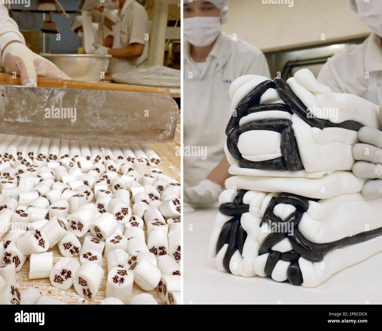 (L)Long log candies are sliced into small candies, showing “Passing” in