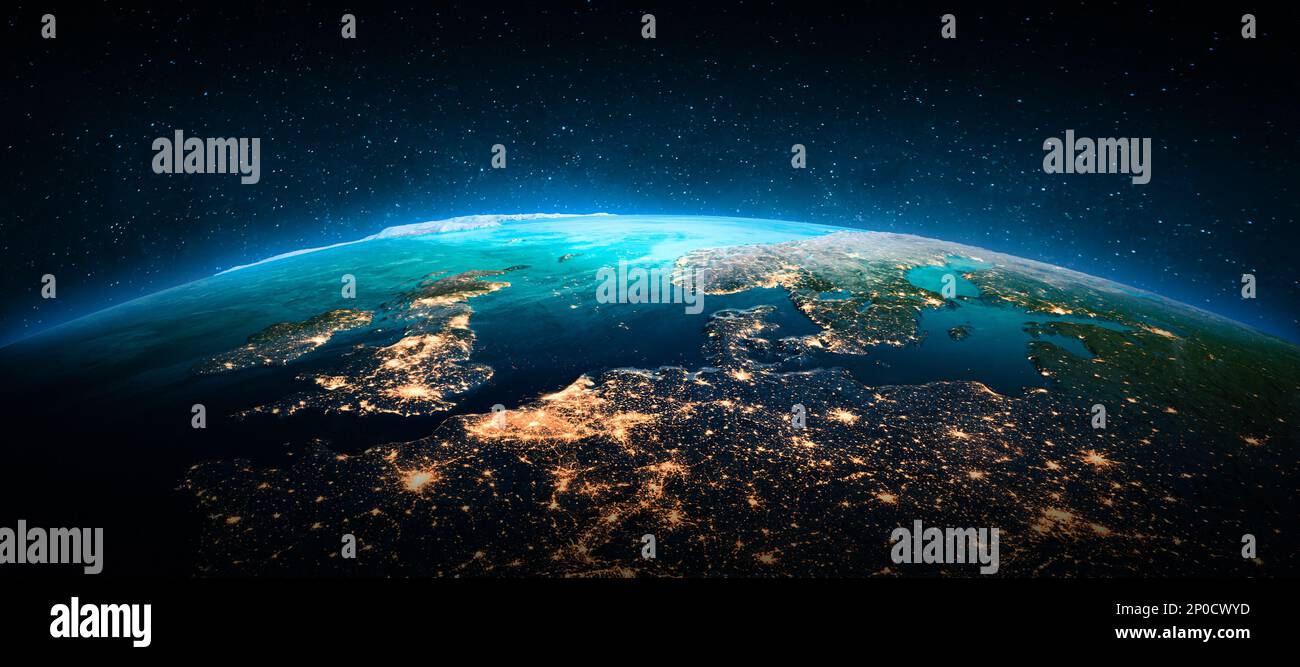 L'Europe de l'Ouest la nuit. Éléments de cette image fournis par la NASA. 3d rendu Banque D'Images