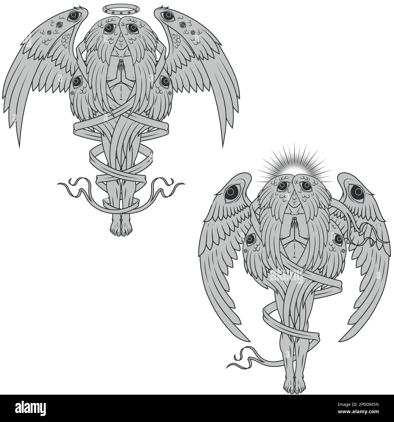 Dessin vectoriel d'ange de prière avec un halo, séraphé avec six ailes entourées d'un ruban, archange avec un halo et des plumes, ange de l'église catholique Illustration de Vecteur