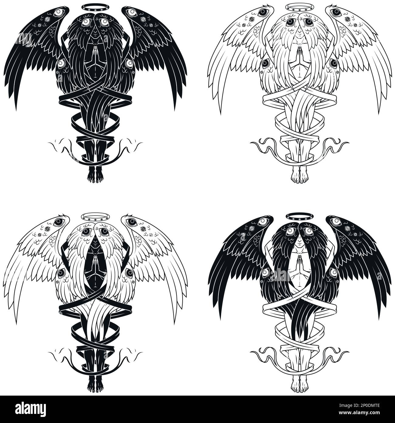 Dessin vectoriel d'ange de prière avec un halo, séraphé avec six ailes entourées d'un ruban, archange avec un halo et des plumes, ange de l'église catholique Illustration de Vecteur