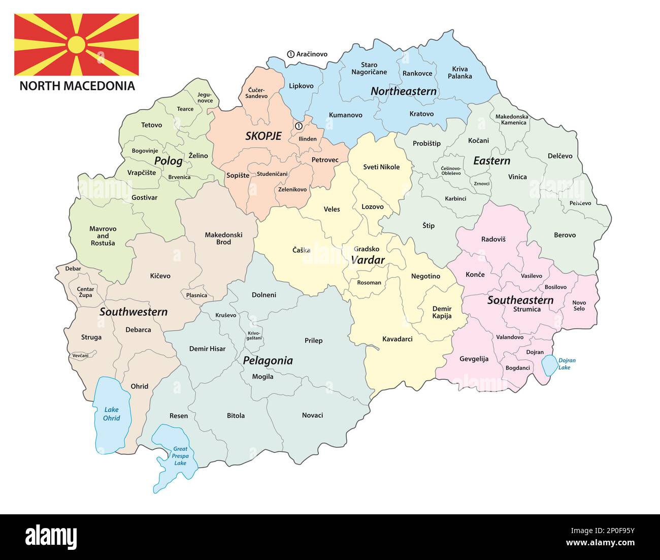 Carte vectorielle administrative de la République de Macédoine du Nord Banque D'Images