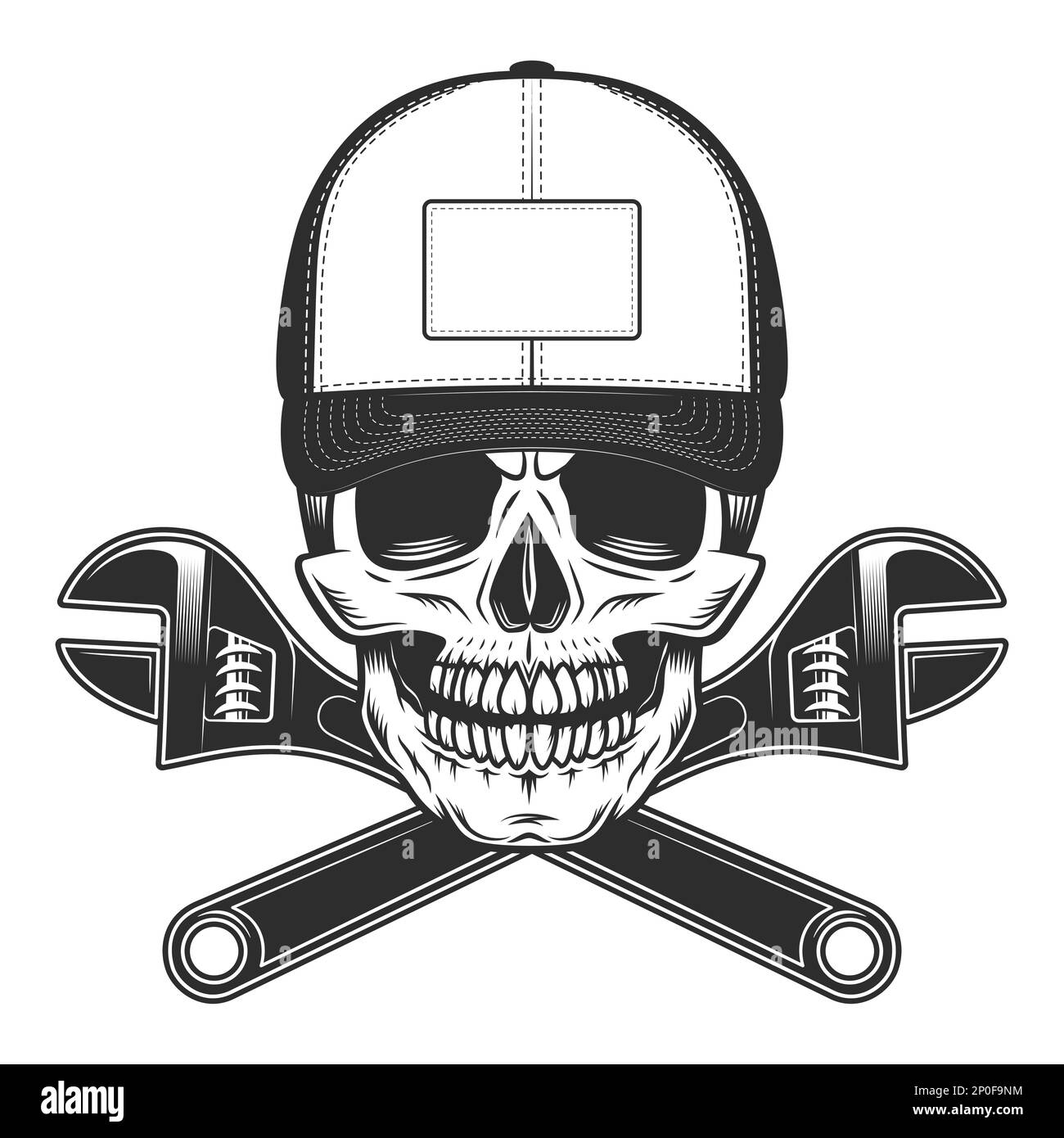 Crâne avec moustache en casquette de baseball et clés de réparation en illustration vectorielle isolée de style monochrome vintage Illustration de Vecteur