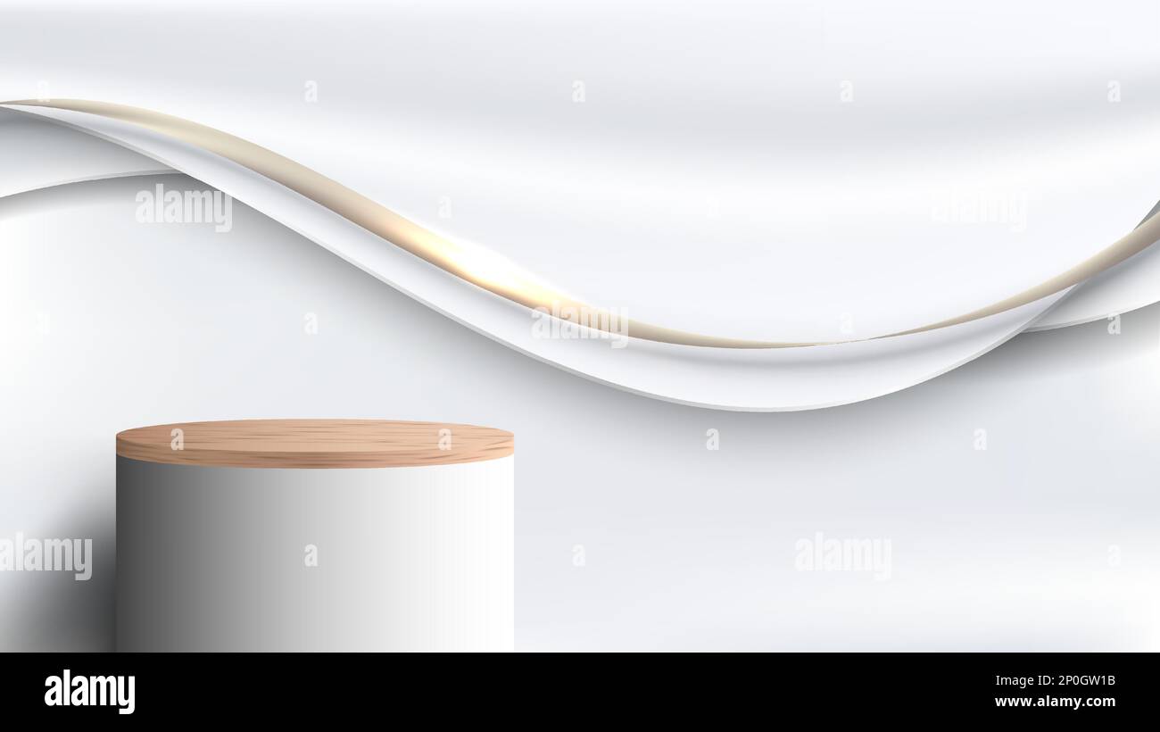 3D haut réaliste de la surface en bois blanc podium piédestal avec modèle abstrait de luxe blanc satin tissu avec lignes de ruban d'onde or et éclairage Illustration de Vecteur