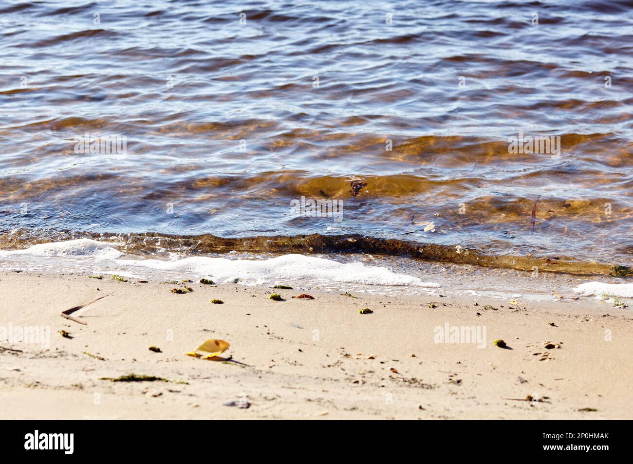Bord de l'eau sur la rive. Vague de mer bleue sur une plage de sable. Magnifique fond avec des jets d'eau sur la plage Banque D'Images