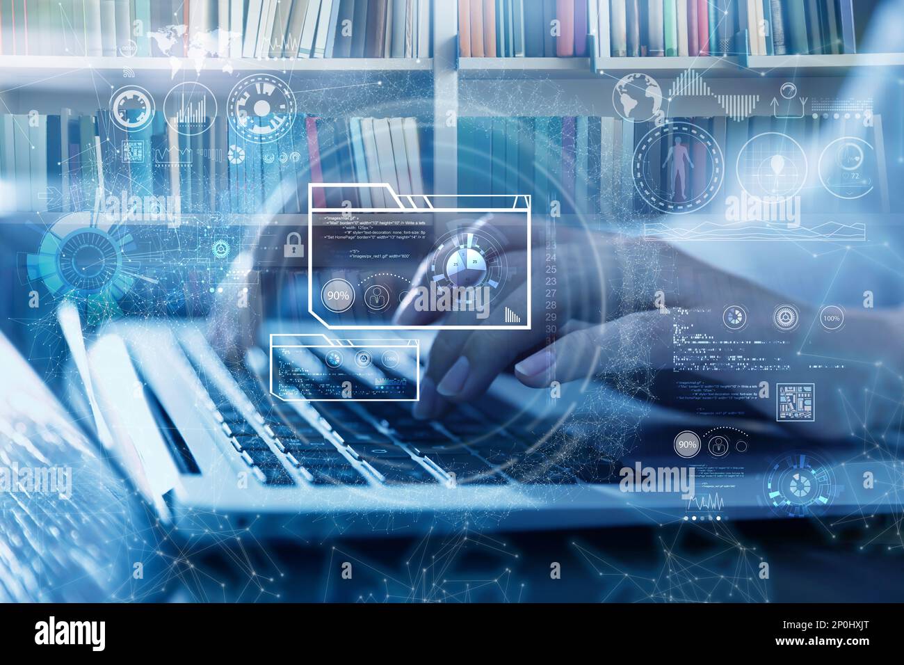 Étudiant utilisant l'ordinateur portable dans la bibliothèque et illustration d'icônes virtuelles. Technologie éducative Banque D'Images