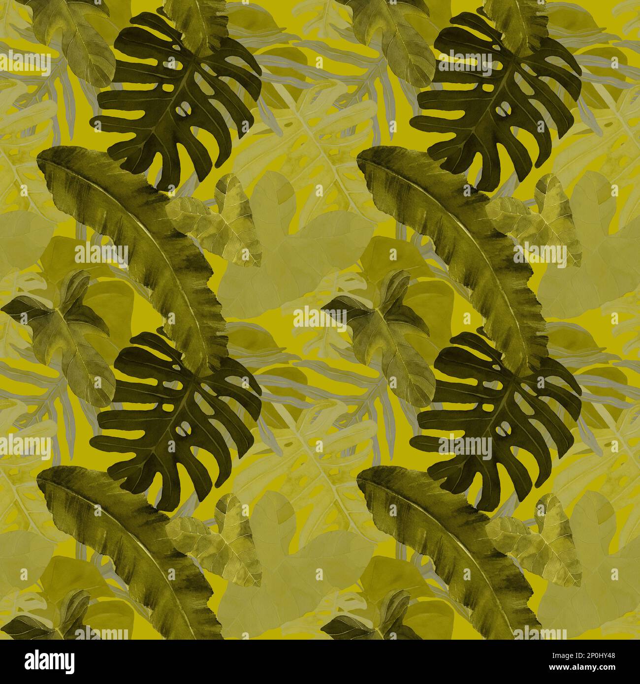 Motif sans couture avec feuilles tropicales de couleur grise et jaune. Fond de jungle sauvage. Plantes forestières à la pluie dessinées à la main. Conception de tissus, d'emballages, Banque D'Images