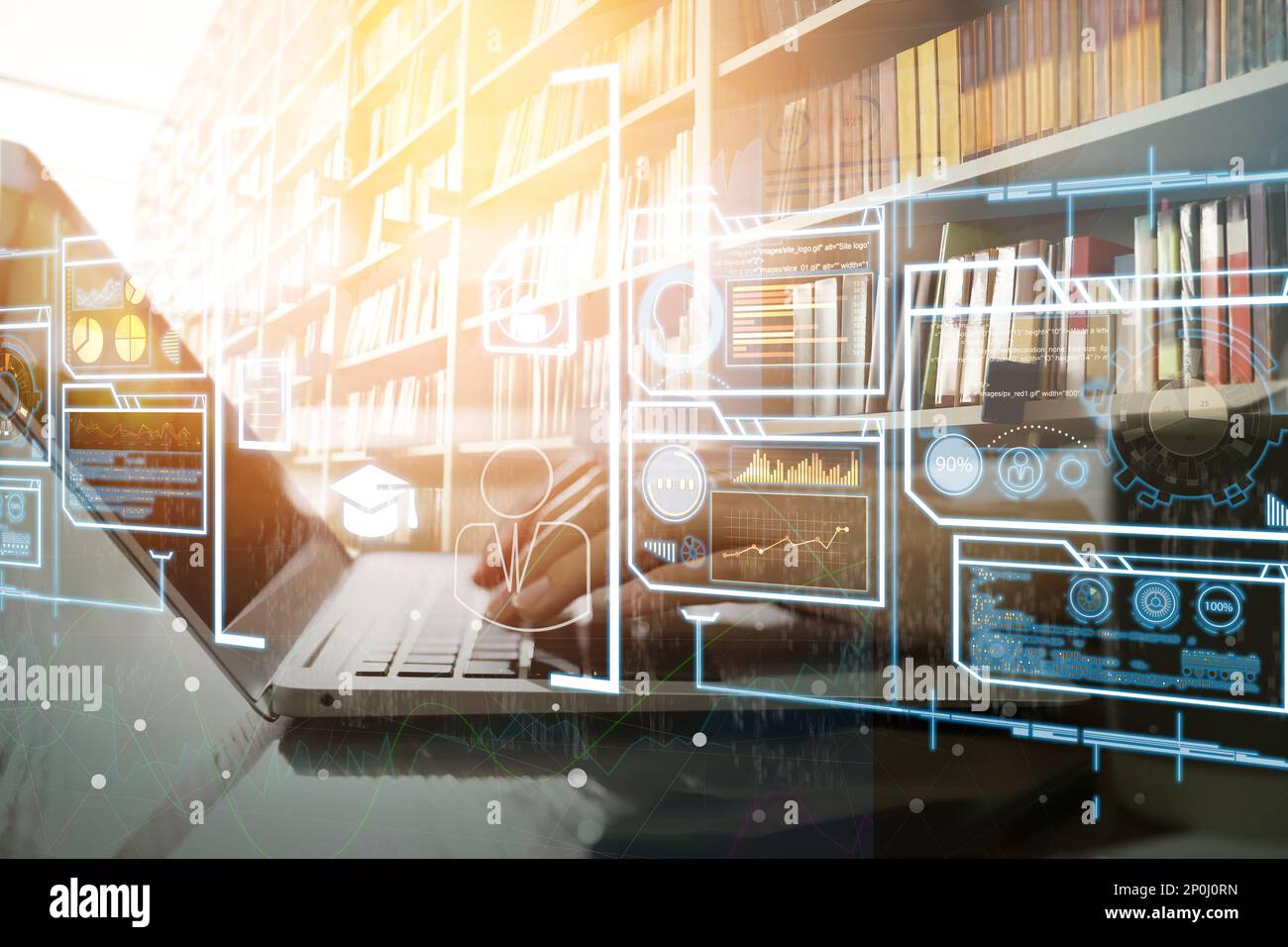 Étudiant utilisant l'ordinateur portable dans la bibliothèque et illustration d'icônes virtuelles. Technologie éducative Banque D'Images