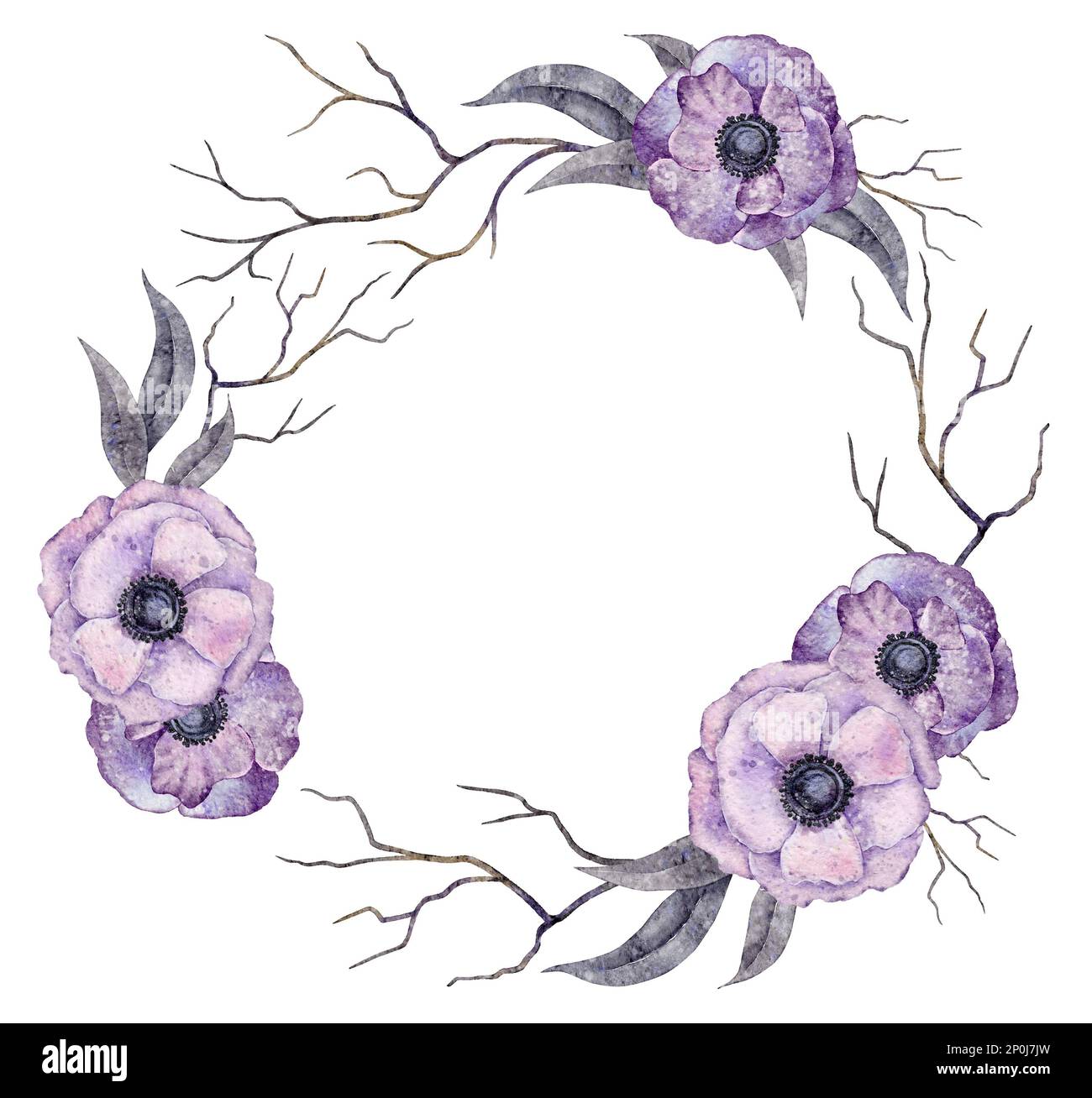 Aquarelle Wreath Boho Anemone fleurs, feuilles, branches. Cadre à motif fleuri violet. Éléments d'Halloween. Illustration de la sorcière isolée sur fond blanc Banque D'Images
