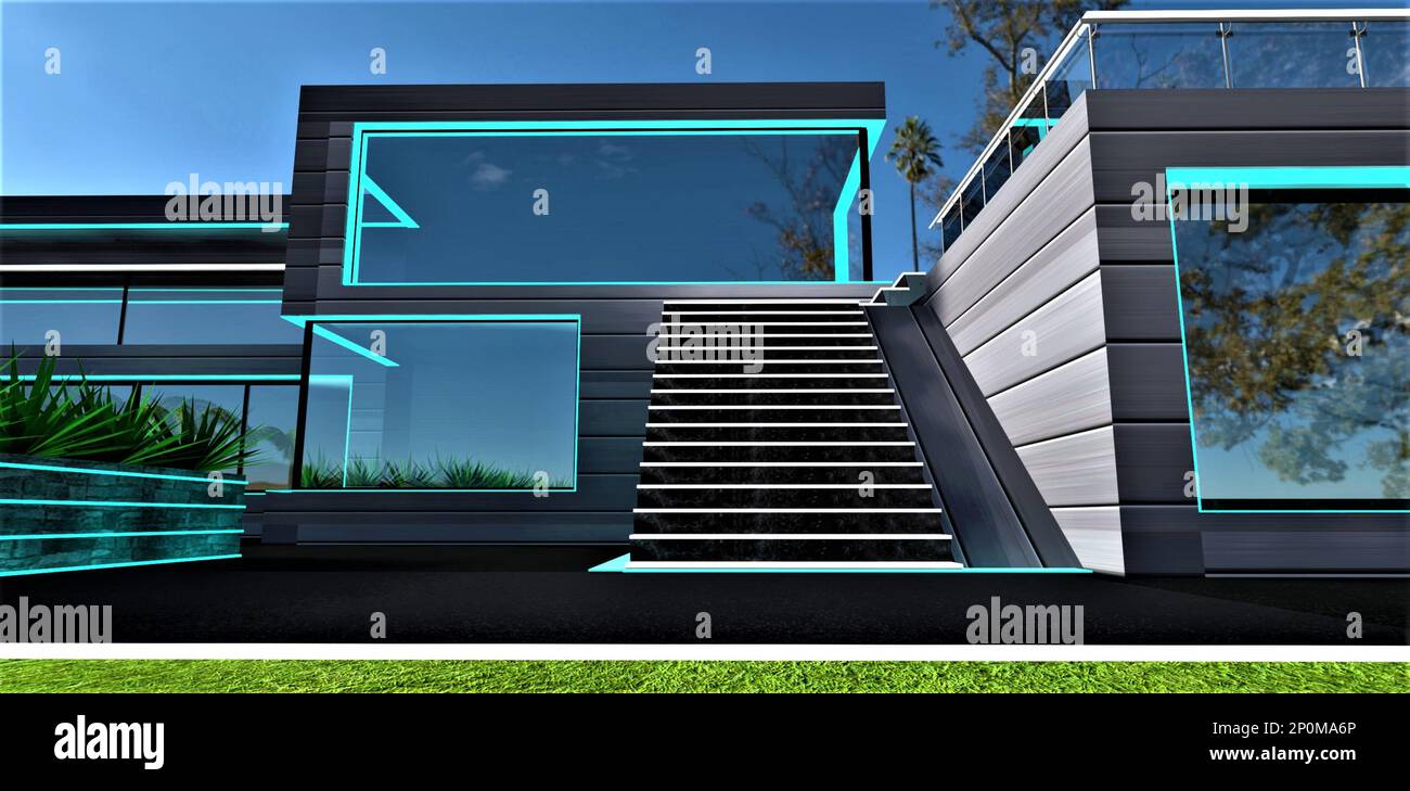 Conception de l'escalier avec des éléments lumineux blancs. Il est beau au jour le jour. Grandes fenêtres miroirs reflétant les couronnes d'arbres. 3d rendu. Banque D'Images