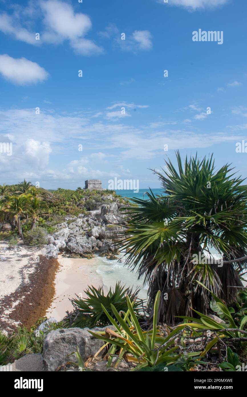 Côte à Tulum Yucatan Mexique avec bâtiment Maya à distance Banque D'Images