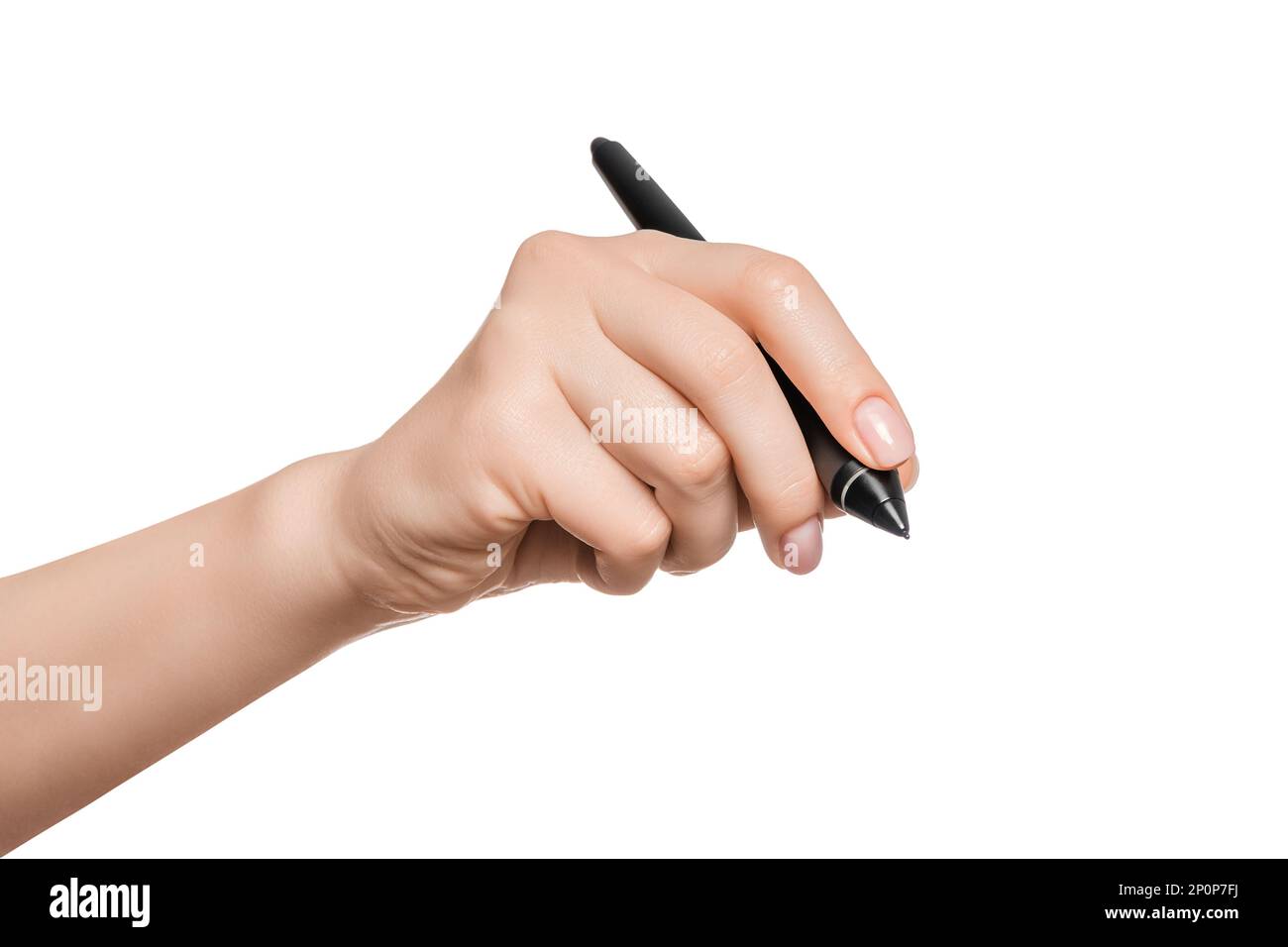 La main de femme tenant le stylo numérique, signe, signature concept. Isolé sur blanc. Banque D'Images