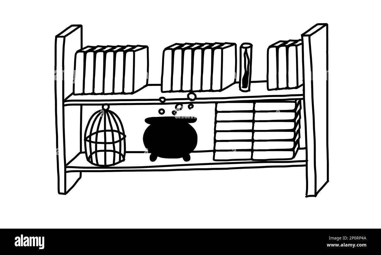 Étagères avec livres magiques dans le style de la caniche de contour. Illustration vectorielle isolée sur fond blanc. Illustration de Vecteur