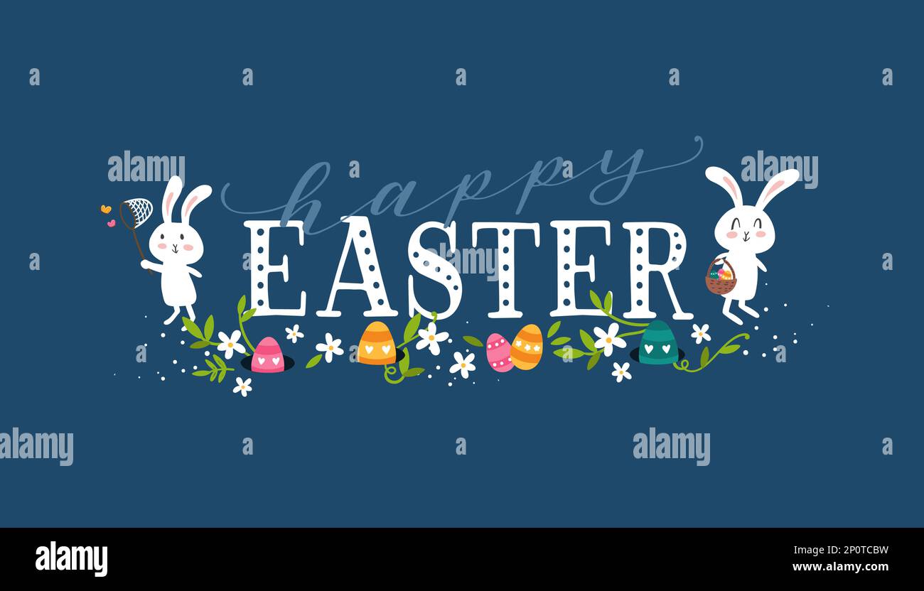 Jolis motifs de pâques dessinés à la main avec texte « joyeuses Pâques » mignon petits lapins dessinés à la main, œufs et décoration - motif vectoriel Illustration de Vecteur