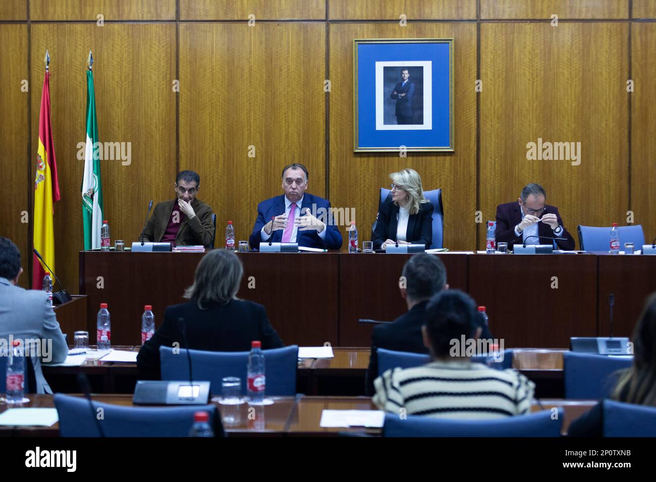 The Minister of Tourism, Culture and Sport, Arturo Bernal, during his appearance in committee (2l); next to the president of the committee, the popular deputy, Pilar Pintor (c). On March 3, 2023, in Seville (Andalusia, Spain). The Minister of Tourism, Culture and Sport, Arturo Bernal, has appeared today Friday in parliamentary committee, in order to report on Culture. 03 MARCH 2023 María José López / Europa Press 03/03/2023 (Europa Press via AP) Banque D'Images