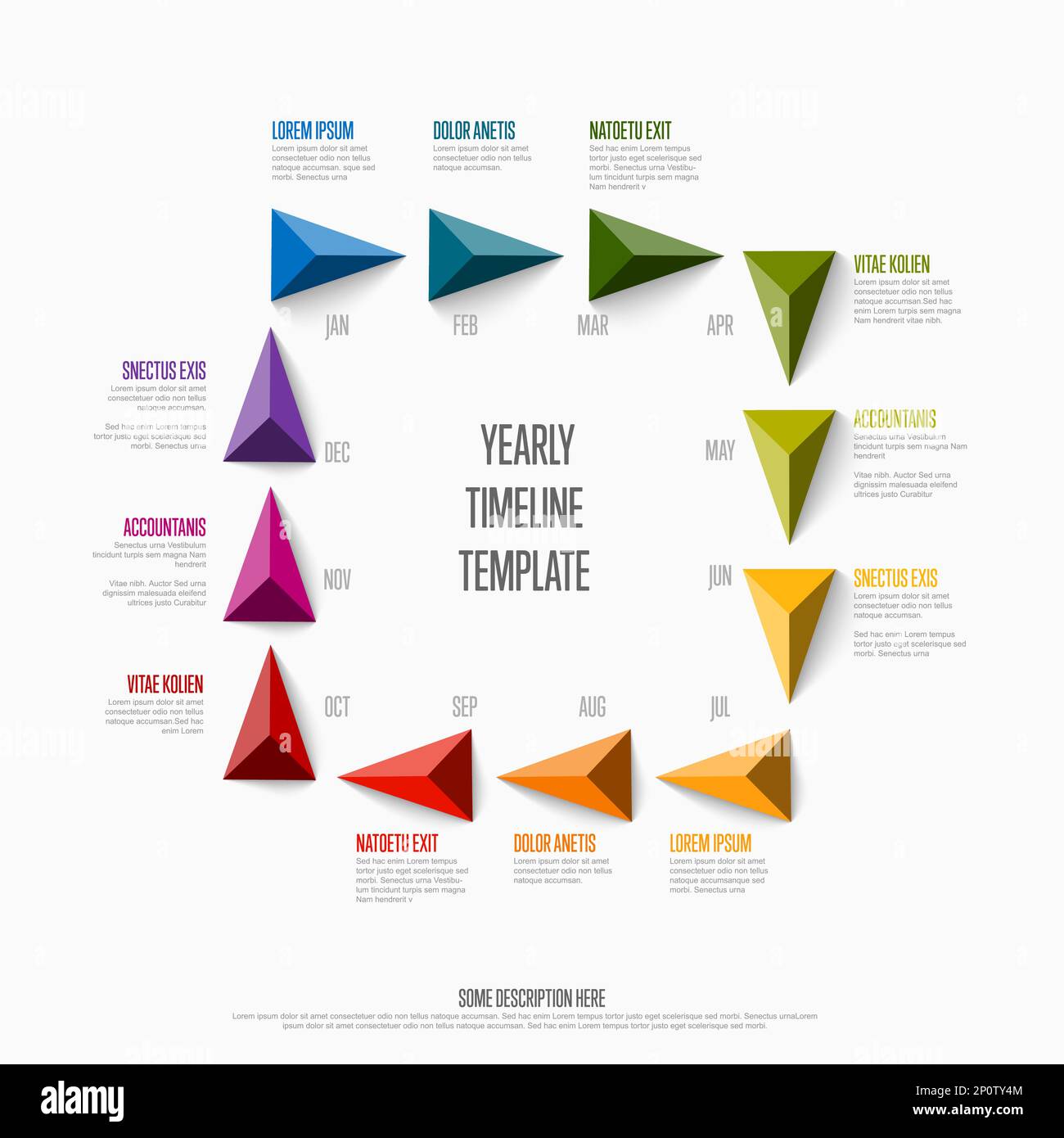 Modèle de calendrier de l'année complète avec tous les mois de couleur arc-en-ciel comme pointeurs de pyramide de triangle dans un grand carré, les noms de mois et de courtes descriptions, le tout Illustration de Vecteur