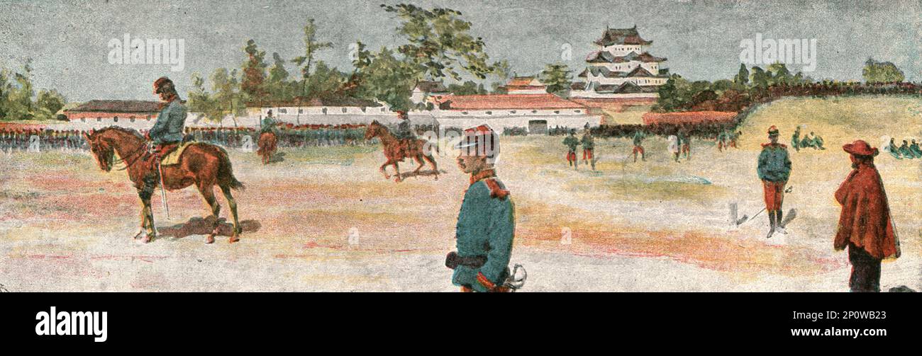 ''les manœuvres de l'armée japonaise devant sa Majesté le Mikado; Revue sur le terrain d'exercice, Nagoya, avec le château en arrière-plan', 1891. Dans « The Graphic. Un journal hebdomadaire illustré », volume 44. Juillet à décembre 1891. Banque D'Images