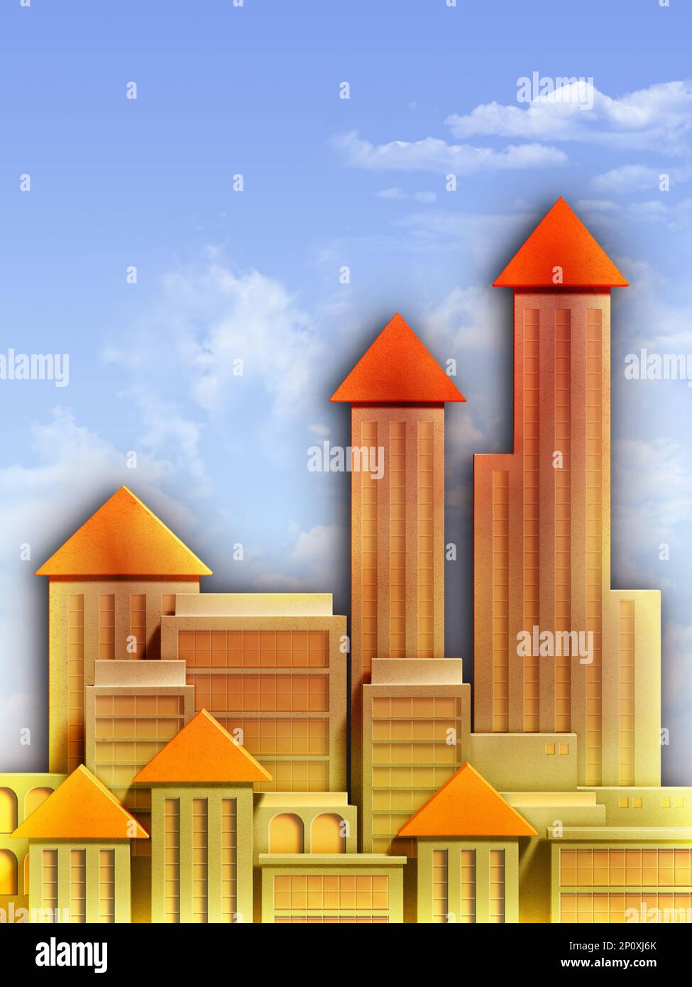 L'horizon d'une ville est représenté par un graphique montrant l'augmentation des prix de l'immobilier. Illustration numérique. Banque D'Images