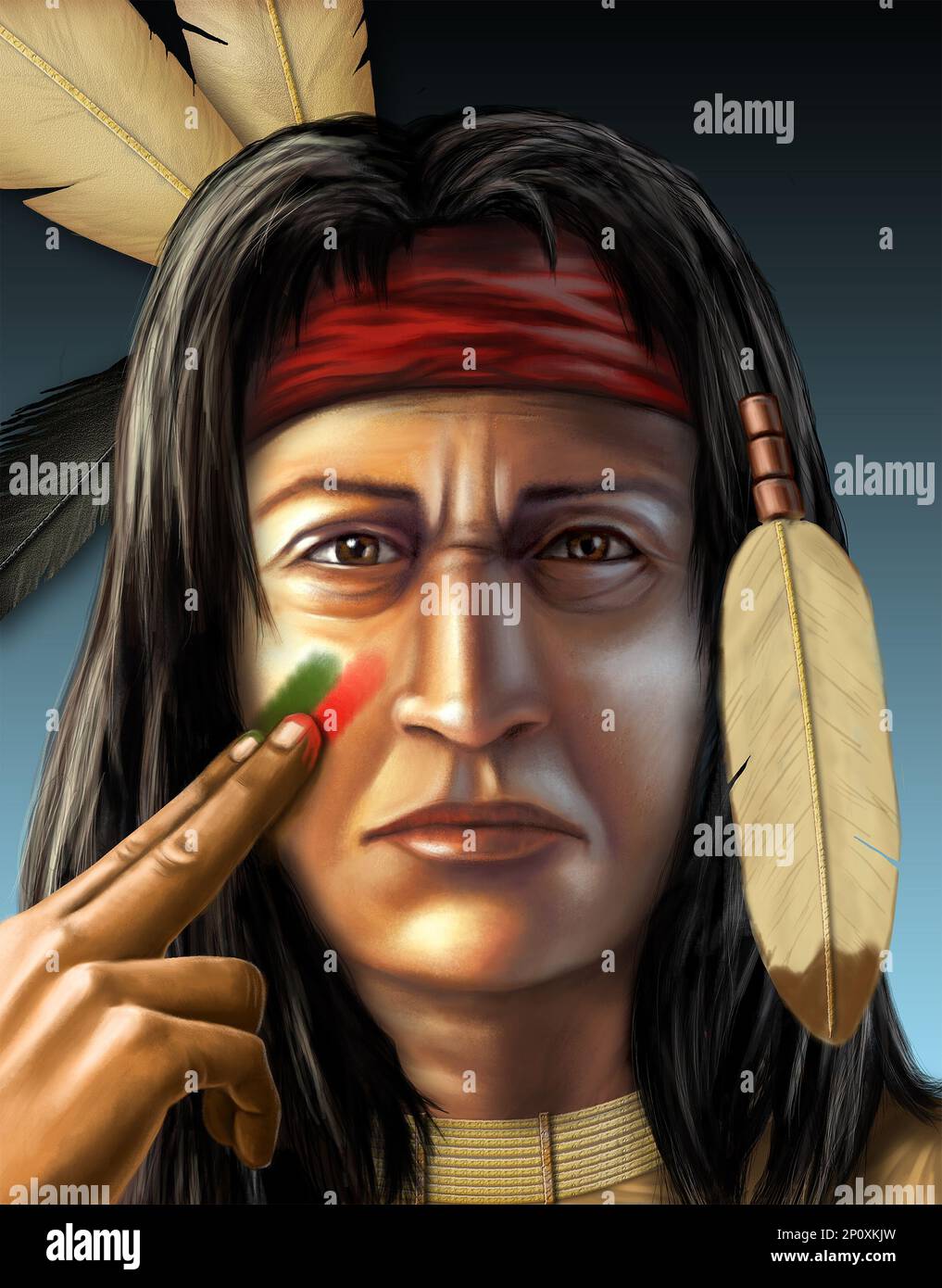 Un guerrier indien américain peint son visage. Illustration numérique, figure créée à partir de zéro, aucune autorisation de modèle n'est nécessaire. Banque D'Images
