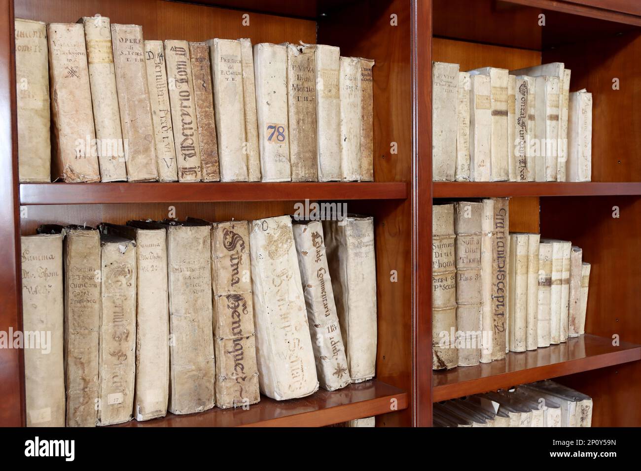 Étagères de bibliothèque avec des livres religieux anciens du 1500s. Photo de haute qualité Banque D'Images