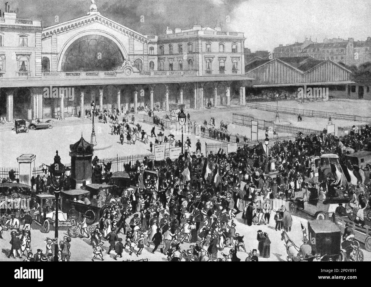 ''A la Gare de l'est; pendentif la période de mobilisation', 1914. De "l'Album de la guerre 1914-1919, Volume I" [l'Illustration, Paris, 1924]. Banque D'Images