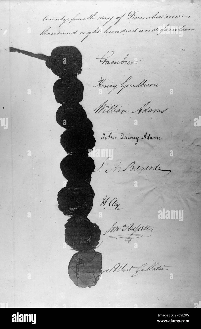 Signatures, Traité de Gand, 24 décembre 1814. 'Vingt-quatrième jour de décembre mille huit cent quatorze. Gambier; Henry Goulburn; William Adams; John Quincy Adams; J. A. Bayard; H. Clay ; Jon. [Jonathan] Russell; Albert Gallatin'. Liste des signataires du traité de paix qui a mis fin à la guerre de 1812 entre les États-Unis et le Royaume-Uni Banque D'Images