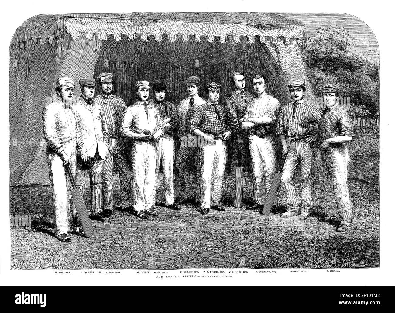 Un portrait de groupe de 1861 de l'équipe de cricket de Surrey 11. Le Surrey County Cricket Club (SCCC) a été créé en 1845, après l'acquisition de l'ovale de Kennington, à l'origine une zone de chou et un jardin de marché appartenant au duché de Cornwall avec le premier match de cricket joué en mai 1845. Banque D'Images