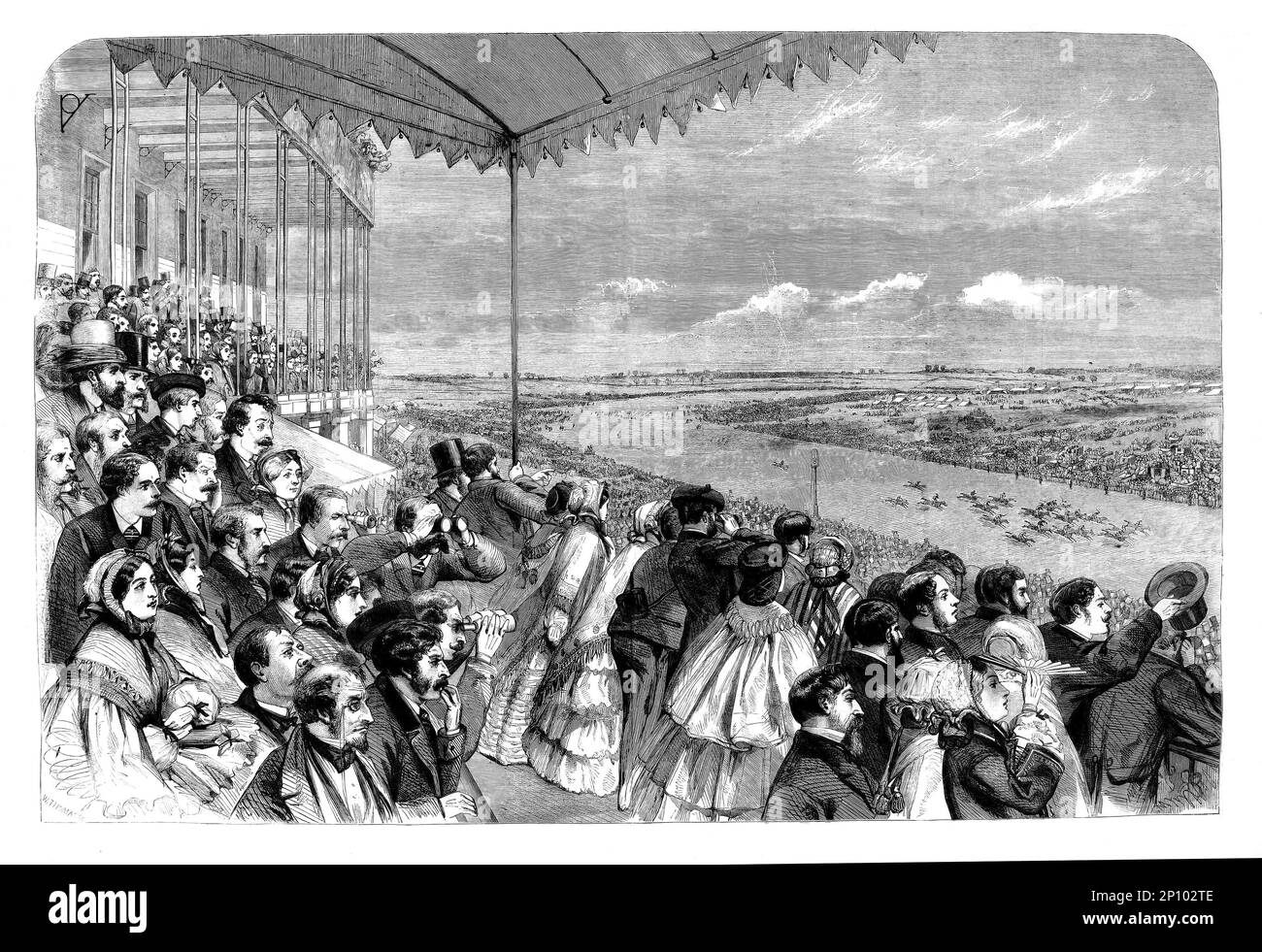 La course hippique plate Epsom Derby and Oaks 1860, vue depuis la tribune de l'hippodrome d'Epsom Downs à Surrey, en Angleterre, dessinée par M. S. Morgan Banque D'Images