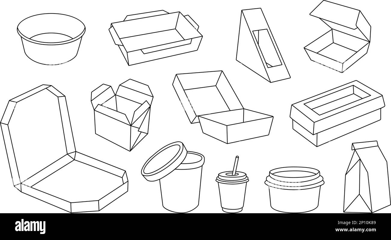 Ensemble de cadres de boîtes alimentaires en carton. Récipients à emporter. Ensemble de lignes de récipients à emporter en papier et en plastique. Emballage d'encas vide. Emballages recyclables Illustration de Vecteur