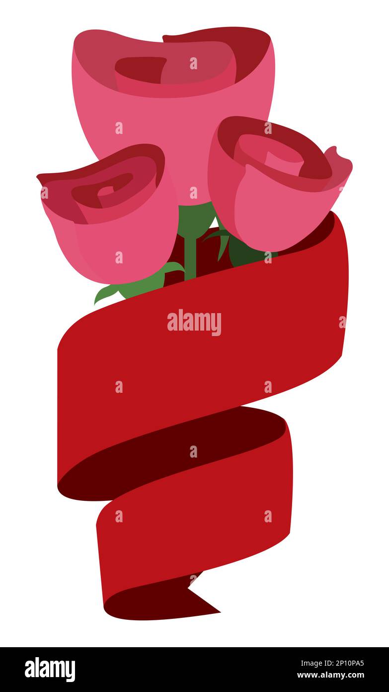 Modèle avec ruban rouge enveloppant trois roses roses roses. Conception verticale dans des couleurs plates. Illustration de Vecteur