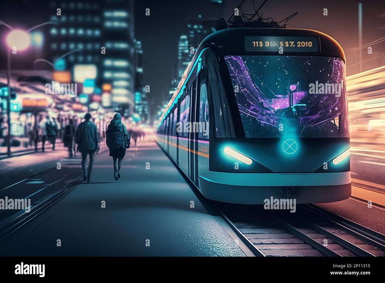 Le transport urbain de masse de l'avenir. Tramway à la gare, nuit en