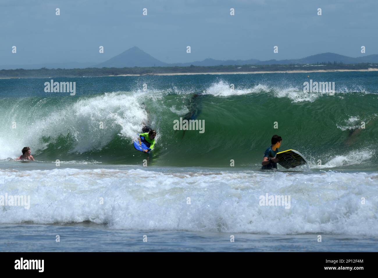 Les bodyboardeurs aiment les vagues creuses rapides à Mooloolaba Beach break Banque D'Images