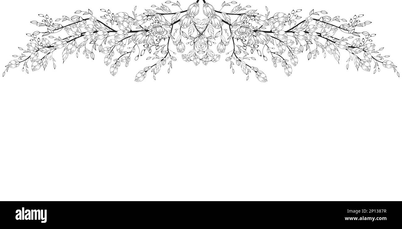 Une belle branche en fleurs, richement décorée avec des fleurs, des bourgeons et des feuilles. Dessin à la main. Banque D'Images