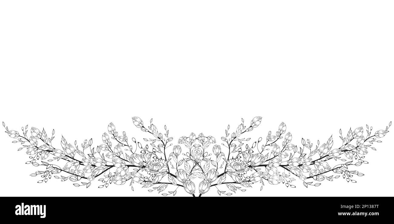 Une belle branche en fleurs, richement décorée avec des fleurs, des bourgeons et des feuilles. Dessin à la main. Banque D'Images
