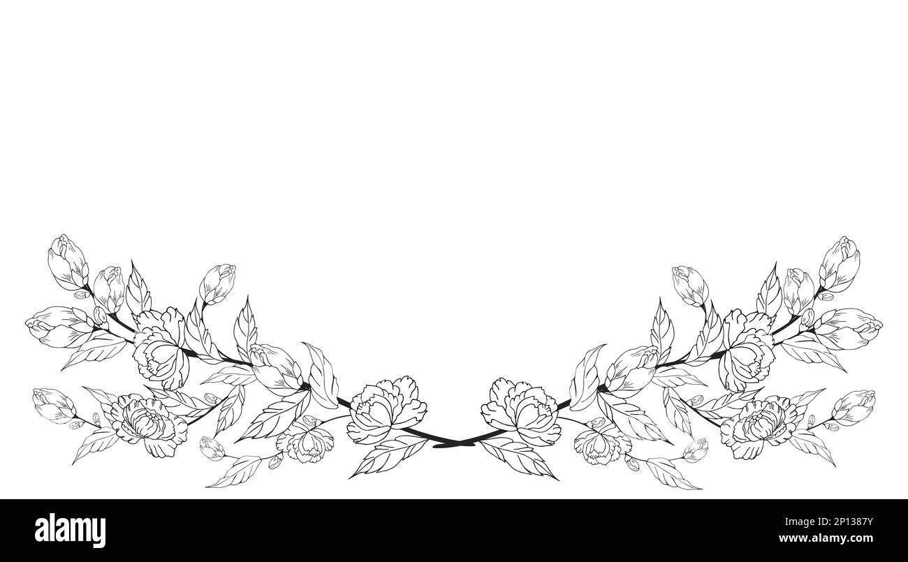 Une belle branche en fleurs, richement décorée avec des fleurs, des bourgeons et des feuilles. Dessin à la main. Banque D'Images