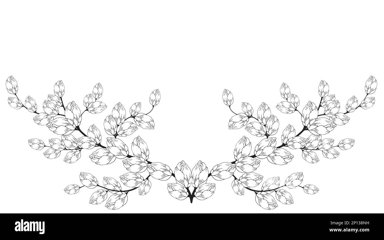 Une belle branche en fleurs, richement décorée avec des fleurs, des bourgeons et des feuilles. Dessin à la main. Banque D'Images