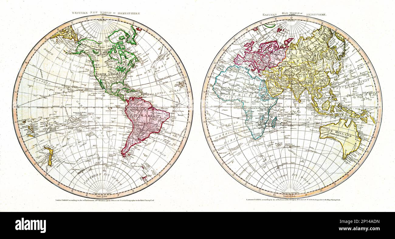 Nouveau monde, Oregon, hémisphère occidental; ancien monde, ou hémisphère oriental (1790) par William Faden. Original de la bibliothèque publique de New York. Banque D'Images