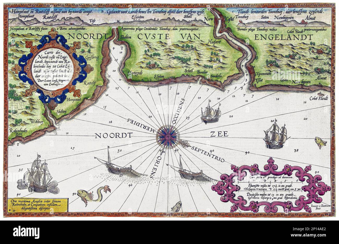 Kaart van de noordkust van Engeland bij Newcastle upon Tyne (1580&ndash;1583) par Joannes van Doetechum. Original du Rijksmuseum. Banque D'Images