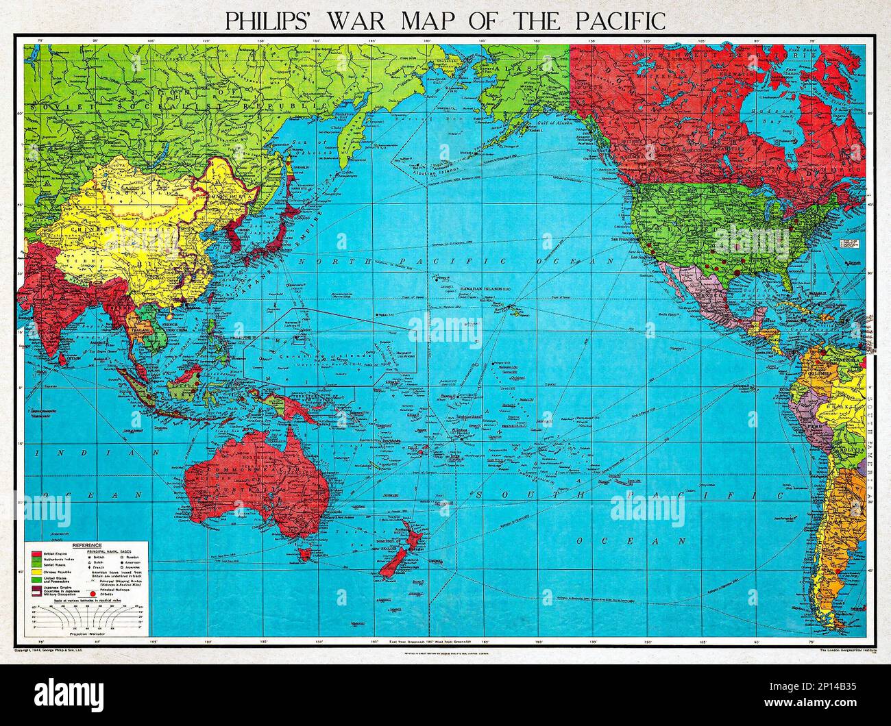 Carte de guerre du Pacifique (1945) de Philips par George Philip and son Limited. Original de la bibliothèque Beinecke rare Book & Manuscript. Amélioration numérique Banque D'Images