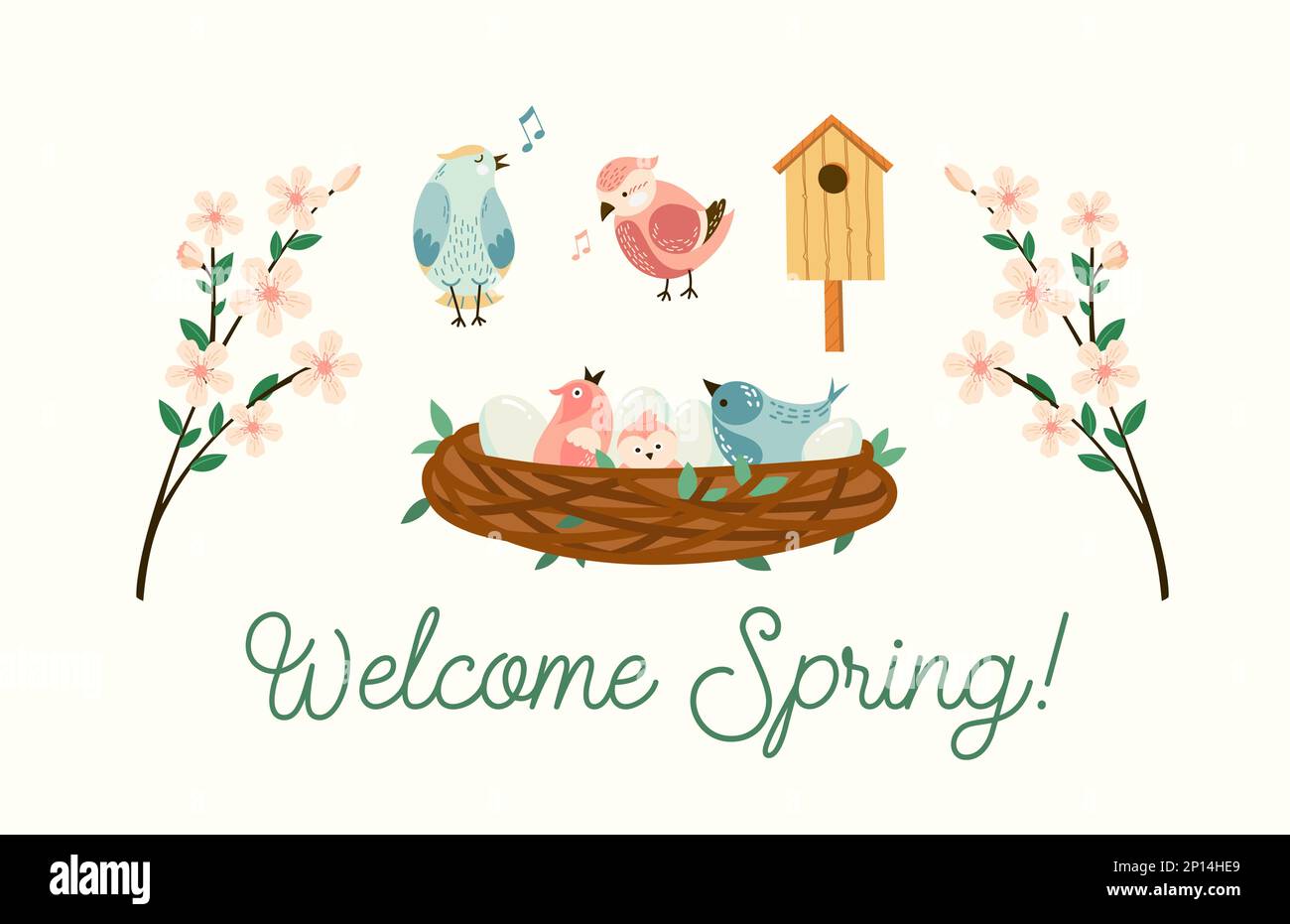 Kit d'illustrations de bienvenue pour le printemps. Fleurs vectorielles branches, oiseaux dans le nid avec oeufs et collection saisonnière de style plat de Birdhouse. Pâques Illustration de Vecteur
