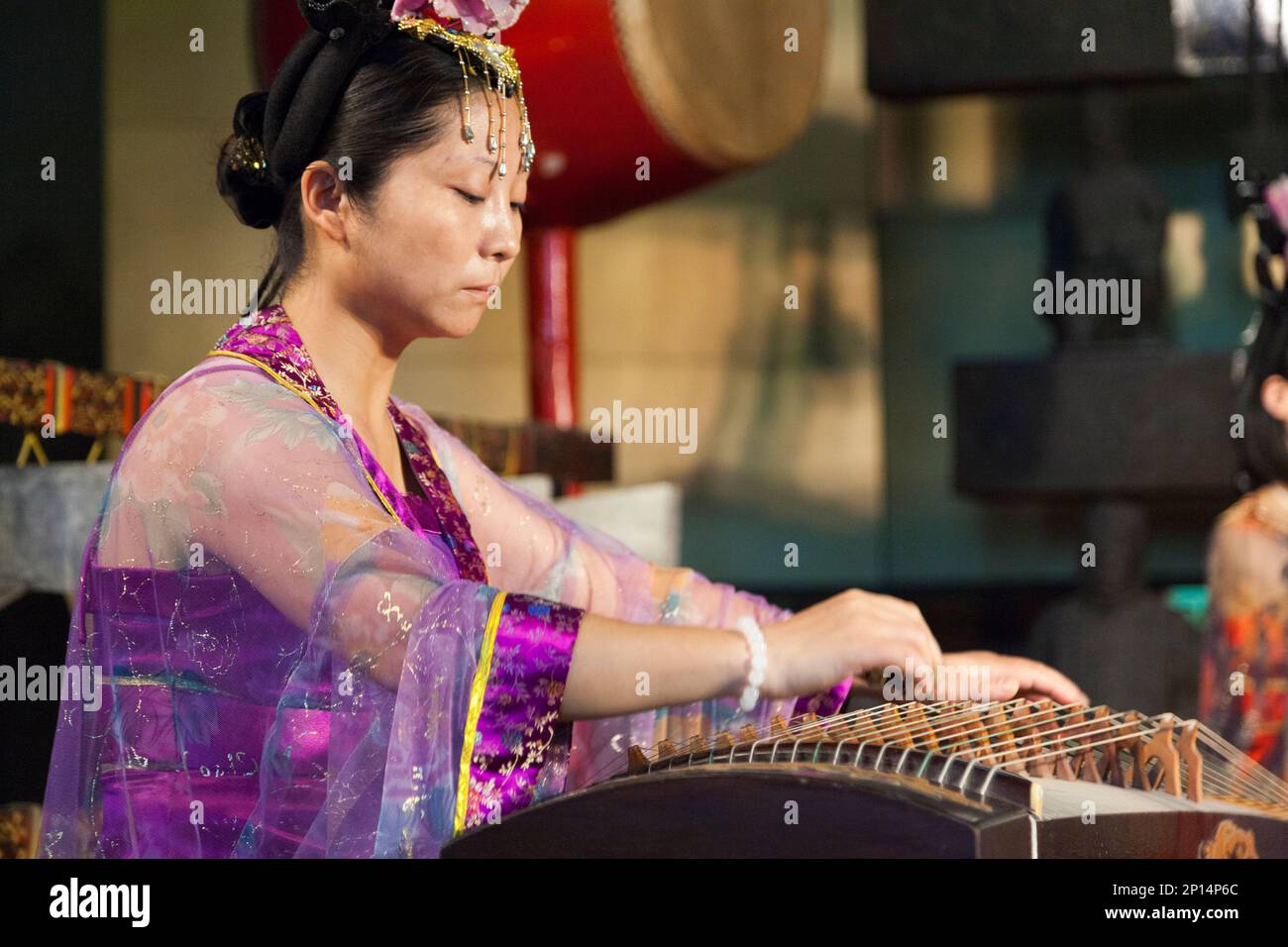 Une musicienne sur un instrument traditionnel à cordes, peutêtre le