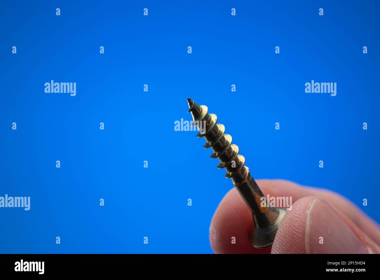 Petite vis filetée en métal maintenue entre les doigts par une main mâle caucasienne. Gros plan studio macro, isolé sur fond bleu Banque D'Images