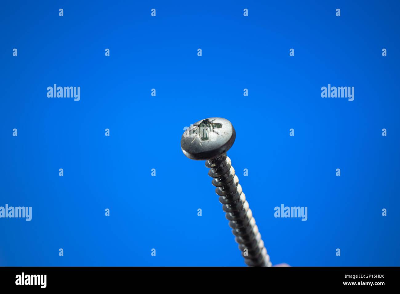 Petite vis filetée en métal. Gros plan studio macro, isolé sur fond bleu. Banque D'Images